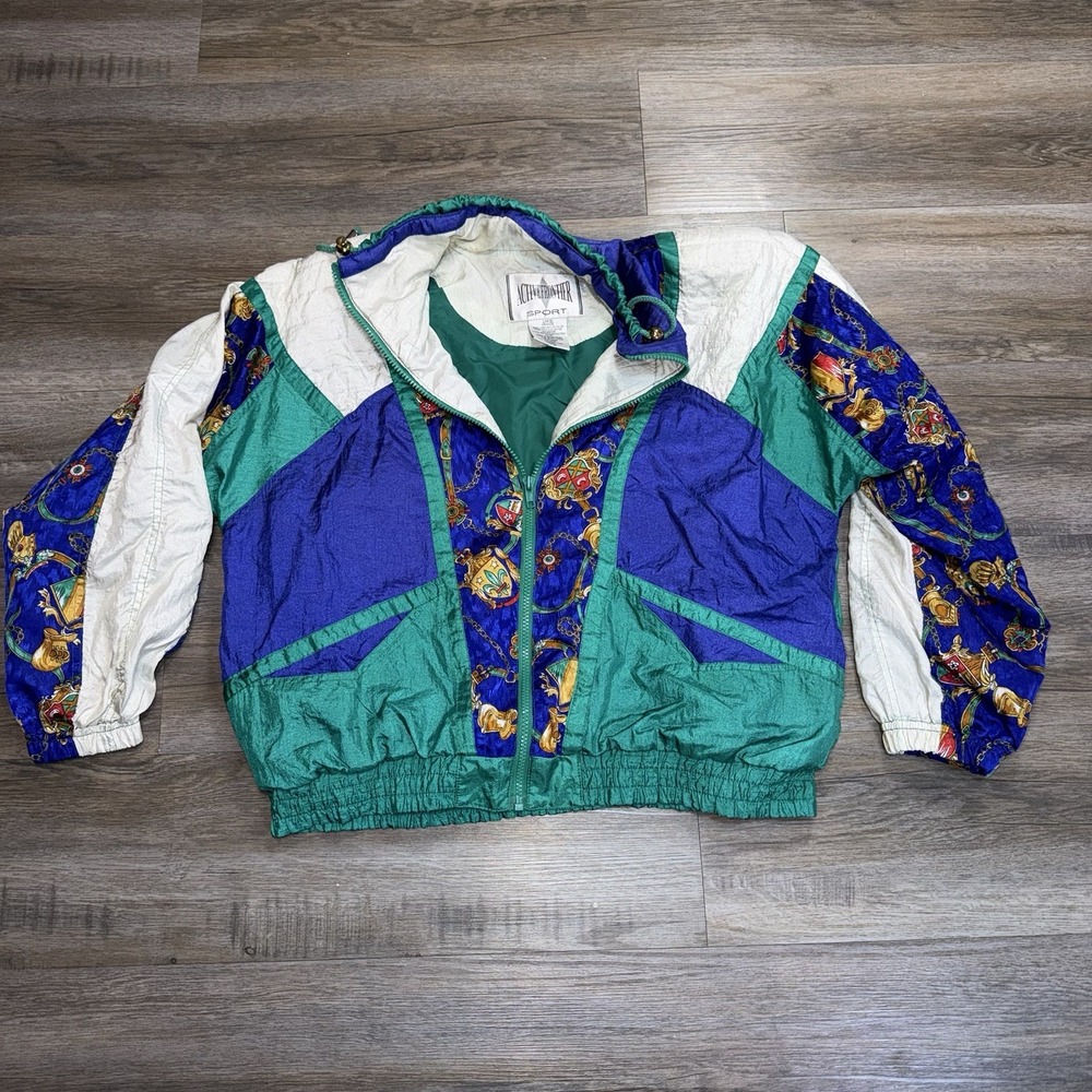 VTG Active Frontier Sport Color-Block Windbreaker Jacket Womens Large Blue Green